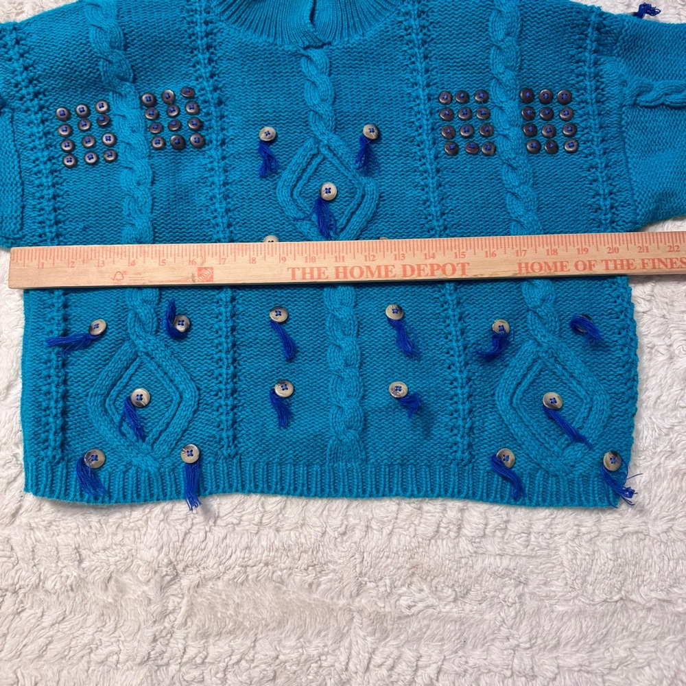 Vintage 90s I Magnolia teal Blue Cable Knit Button Tassel Sweater M Cropped - Picture 5 of 6